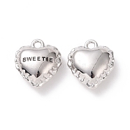 Valentine's Day Alloy Pendants, Heart with Word Sweetie, Platinum, 15x13x6mm, Hole: 1.6mm(FIND-I020-12P)