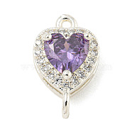 Brass Pave Cubic Zirconia Connector Charms, Heart Links, Silver Color Plated, Medium Orchid, 15x9x6mm, Hole: 1.2mm(KK-Z072-06S-07)