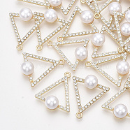 Alloy Rhinestone Pendants, with ABS Plastic Imitation Pearl, Triangle, Crystal, Light Gold, 26x22x9mm, Hole: 1.8mm(X-PALLOY-T071-044)