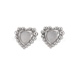 304 Stainless Steel Stud Earring Findings, Earring Setting for Enamel, with Ear Nuts, Heart, Stainless Steel Color, 18x19.5mm, Pin: 0.7mm, Tray: 9x9mm(STAS-N097-232P)