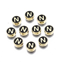 Alloy Enamel Beads, Cadmium Free & Lead Free, Light Gold, Flat Round with Alphabet, Black, Letter.N, 8x4mm, Hole: 1.5mm(ENAM-N052-006-02N-RS)