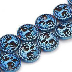 Electroplate Non-magnetic Synthetic Hematite Beads Strands, Flat Round with Tree of Life, Blue Plated, 12~12.5x4~4.5mm, Hole: 1mm, about 30pcs/strand, 14.56 inch(G-N0322-03C)