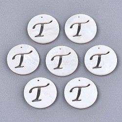 Natural Freshwater Shell Charms, Flat Round with Hollow Out Letter, Letter.T, 14.5x1.5mm, Hole: 0.9mm(SHEL-S276-119T)