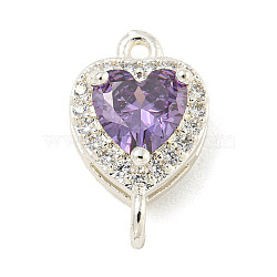 Brass Pave Cubic Zirconia Connector Charms, Heart Links, Silver Color Plated, Medium Orchid, 15x9x6mm, Hole: 1.2mm(KK-Z072-06S-07)