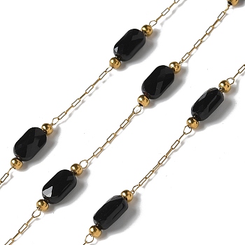 316 Surgical Stainless Steel Link Chains, with Steel and Glass Beads, Soldered, Real 18K Gold Plated, Black, 2.5x1x0.5mm, about 16.40 Feet(5m)/Roll