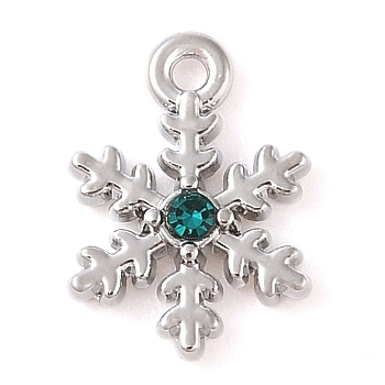 Alloy with Rhinestone Pendants, Snowflake, Platinum, Green, 13x9.5x2.5mm, Hole: 1.2mm