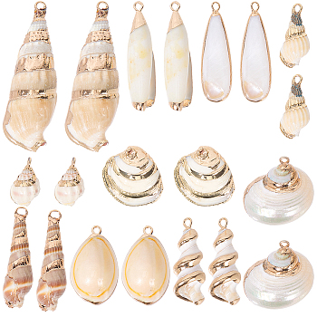20pcs 10 styles Electroplated Spiral Shell Pendants, with Iron Findings, Golden, Seashell Color, 16~59x8~25x5~17mm, Hole: 1.2~1.8mm, 2pcs/style