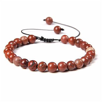 Natural Red Jasper Round Bead Adjustable Braided Bracelets, 6mm