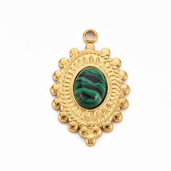 304 Stainless Steel Pendants, with Malachite, Oval, Green, 23.5x15x4~5mm, Hole: 1.8mm