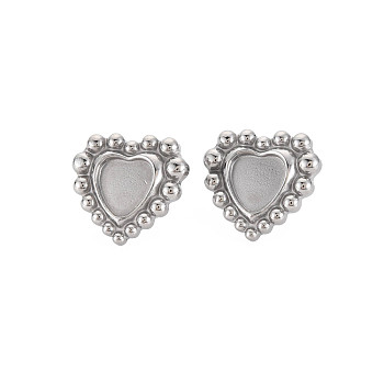 304 Stainless Steel Stud Earring Findings, Earring Setting for Enamel, with Ear Nuts, Heart, Stainless Steel Color, 18x19.5mm, Pin: 0.7mm, Tray: 9x9mm