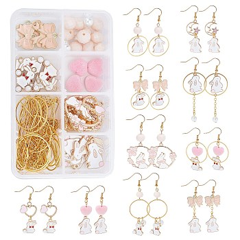 Rabbit Theme Dangle Earring DIY Making Kit, Including Alloy Enamel Pendants, Glass & Flocky Acrylic Beads, Brass Earrings Hooks & Pins & Cable Chains & Linking Rings & Jump Rings, Golden, Pendant: 28pcs/set