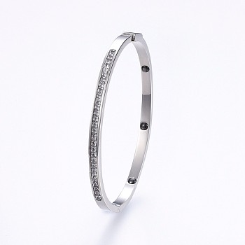 304 Stainless Steel Bangles, with Cubic Zirconia and Hematite, Stainless Steel Color, 2-1/4 inch(5.7cm)x1-7/8 inch(4.8cm), 4mm