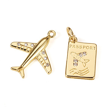 2Pcs 2 Styles Brass Micro Pave Clear Cubic Zirconia Pendants, Airplane & Passport Charms, Rack Plating, Long-Lasting Plated, Lead Free & Cadmium Free, Real 18K Gold Plated, 14~18.5x9.5~15.5x1.5~2.5mm, Hole: 1~3.5mm, 1pc/style