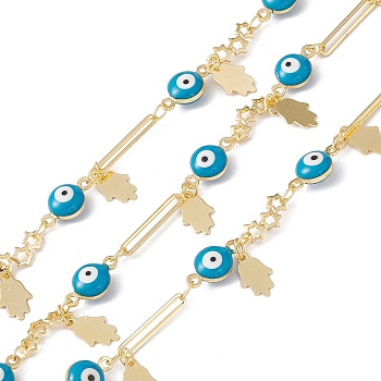 Enamel Evil Eye & Ova & Star Link Chains, with Brass Hamsa Hand Charms, Real 18K Gold Plated, Soldered, Long-Lasting Plated, with Spools, Deep Sky Blue, 15x2.5x0.8mm, 12x6.5x4.5mm, 11x5x1.2mm