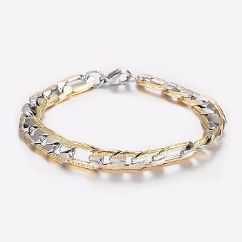 Men's 304 Stainless Steel Figaro Chain Bracelets, with Lobster Clasps, Faceted, Golden & Stainless Steel Color, 8-1/4 inch(210mm), 9x2mm