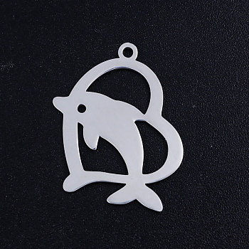 201 Stainless Steel Pendants, Dolphin with Heart, Stainless Steel Color, 24.5x18x1mm, Hole: 1.5mm