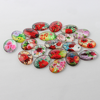 Multi-Color Flower Theme Ornaments Glass Oval Flatback Cabochons, Mixed Color, 25x18x6mm