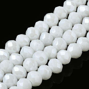 Electroplate Glass Beads Strands, Pearl Luster Plated, Faceted, Rondelle, White, 3.5x3mm, Hole: 0.4mm, about 113~115pcs/strand, 32~33cm
