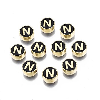 Alloy Enamel Beads, Cadmium Free & Lead Free, Light Gold, Flat Round with Alphabet, Black, Letter.N, 8x4mm, Hole: 1.5mm