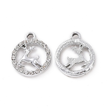 Alloy Crystal Rhinestone Pendants, Ring with Deer Charms, Platinum, 18x20x2.5mm, Hole: 2mm