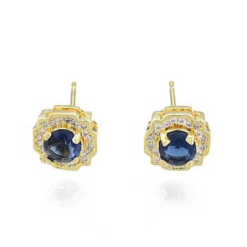 Marine Blue Glass Flower Stud Earrings with Cubic Zirconia, Brass Jewelry for Women, Nickel Free, Real 18K Gold Plated, 8x8mm, Pin: 0.6mm
