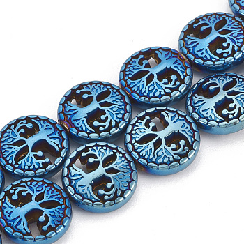 Electroplate Non-magnetic Synthetic Hematite Beads Strands, Flat Round with Tree of Life, Blue Plated, 12~12.5x4~4.5mm, Hole: 1mm, about 30pcs/strand, 14.56 inch