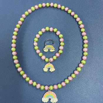 Resin & Glass Bead Pendant Necklaces & Charm Bracelets & Rings Sets, Kids Jewelry Set, Rainbow, 390mm, pendant: 25mm