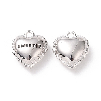 Valentine's Day Alloy Pendants, Heart with Word Sweetie, Platinum, 15x13x6mm, Hole: 1.6mm
