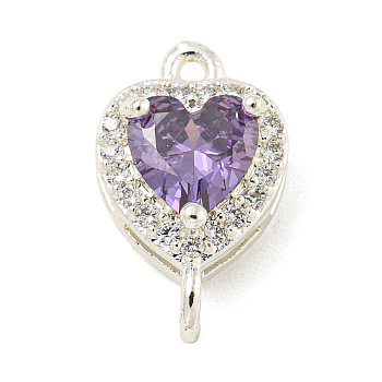 Brass Pave Cubic Zirconia Connector Charms, Heart Links, Silver Color Plated, Medium Orchid, 15x9x6mm, Hole: 1.2mm