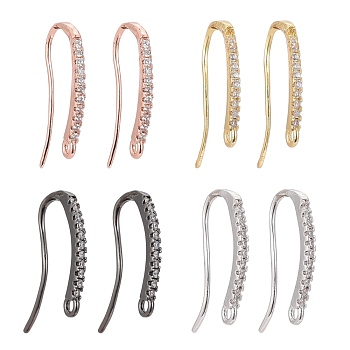 4 Pairs 4 Colors Brass Micro Pave Clear Cubic Zirconia Earring Hooks, Ear Wire, with Horizontal Loop, Mixed Color, 19x9x2mm, Hole: 1mm, 18 Gauge, Pin: 1mm, 4 colors, 1pair/color, 4pairs/Box