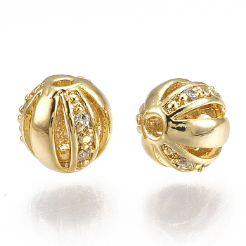 Brass Filigree Beads, Filigree Ball, with Cubic Zirconia, Round, Clear, Nickel Free, Real 18K Gold Plated, 8mm, Hole: 1mm