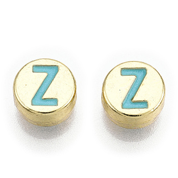 Alloy Enamel Beads, Cadmium Free & Lead Free, Flat Round with Initial Letters, Light Gold, Sky Blue, Letter Z, 8x4mm, Hole: 1.6mm