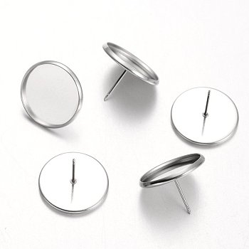 Flat Round 304 Stainless Steel Stud Earring Settings, Stainless Steel Color, Tray: 16mm, 18mm, Pin: 0.7mm