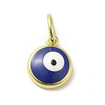 Brass Enamel Charms, with Jump Ring, Real 18K Gold Plated, Flat Round with Evil Eye Charm, Midnight Blue, 11x9x3.5mm, Hole: 3.6mm