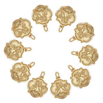 10Pcs Brass Pendants, with Jump Rings, Long-Lasting Plated, Flower with Angel, Golden, 17.5x14.5x2.5mm, Hole: 3.7mm