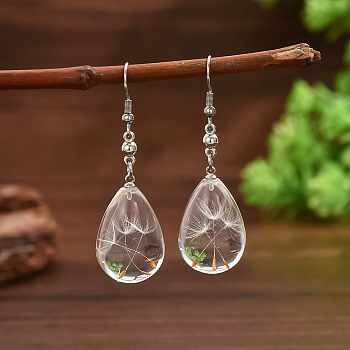Resin & Alloy Dangle Earrings, with Dandelion Dried Flower, Teardrop, Platinum, Clear, 55x17mm