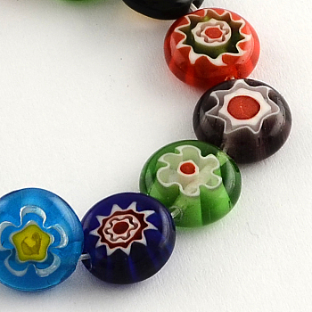 Flat Round Handmade Millefiori Glass Beads, Mixed Color, 10x4mm, Hole: 1mm, about 38pcs/strand, 14.5 inch