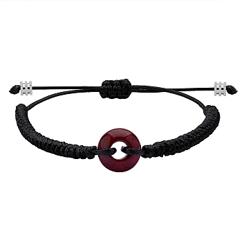 Natural Red Jasper Donut Braided Bead Bracelet, Adjustable Gemstone Bracelet for Women, Black, Inner Diameter: 2~3-3/8 inch(5~8.6cm)
