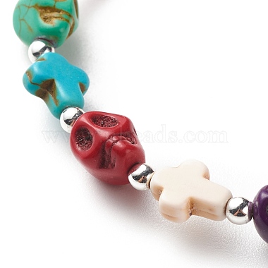 Synthetic Turquoise(Dyed) Cross & Skull Beaded Stretch Bracelet(BJEW-JB08452)-6
