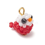 Glass Seed Beaded Bird Charms, with Natural Black Spinel Beads & Glass Pearl & Golden Iron Loop, Red, 16x10.5x13.5mm, Hole: 2.5mm(PALLOY-MZ00971-04)