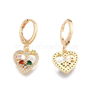 Colorful Cubic Zirconia Heart Dangle Leverback Earrings, Brass Jewelry for Women, Cadmium Free & Nickel Free & Lead Free, Real 18K Gold Plated, 25mm, Pin: 1mm(EJEW-N012-90)
