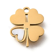 304 Stainless Steel Charms, Clover, with Plastic Imitation Shell, Ion Plating(IP) , Golden, 10x8.5x1.2mm, Hole: 1mm(STAS-Q348-16B-G)