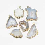 Natural Druzy Agate Pendants, with Golden Tone Iron Findings, Dyed, Nuggets, Dark Gray, 20~60x13~50x4~8mm, Hole: 1~4mm(G-Q494-65I-G)