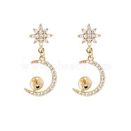 Brass Micro Pave Clear Cubic Zirconia Stud Earring Findings, for Half Drilled Beads, Nickel Free, Moon, Real 18K Gold Plated, 24x9.5mm, Pin: 0.7mm, pin: 0.7mm(for half drilled beads)(KK-S364-143)