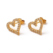 Rack Plating Brass Micro Pave Cubic Zirconia Stud Earrings, Long-Lasting Plated Heart Earring for Women, Cadmium Free & Lead Free, Real 18K Gold Plated, 12x13mm, Pin: 0.8mm(EJEW-P221-41G)