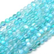 Synthetic Moonstone Beads Strands, Dyed, Holographic Beads, Half AB Color Plated, Frosted, Round, Cyan, 10mm, Hole: 1mm, about 37pcs/strand, 15 inch(X-G-F142-10mm-03)