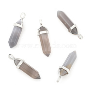 Natural Grey Agate Double Terminated Pointed Pendants, with Random Alloy Pendant Hexagon Bead Cap Bails, Bullet, Platinum, 37~40x12mm, Hole: 3mm(G-F295-05M)