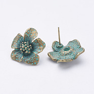 Tibetan Style Alloy Stud Earrings, Flower, Antique Bronze & Green Patina, 20x19x5.5mm, Pin: 0.7mm(PALLOY-P117-01AB)