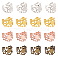 28pcs 4 Colors Rack Plating Brass Wide Open Cuff Ring Findings, Pad Ring Setting, Flower with Round Tray, Mixed Color, US Size 8(18.1mm), Tray: 8mm, 7pcs/color(KK-CA0002-25)