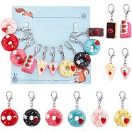 Resin Doughnut & Cake Pendant Decorations, with Zinc Alloy Lobster Claw Clasps, Clip-on Charms, for Keychain, Purse, Backpack Ornament, Stitch Marker, Mixed Color, 37~42mm, 10pcs/set(HJEW-PH01550)